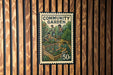 A vintage-style postage stamp depicting a community garden, with people tending to the plants.