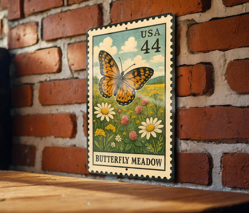 A metal sign with a butterfly and flowers is mounted on a brick wall.