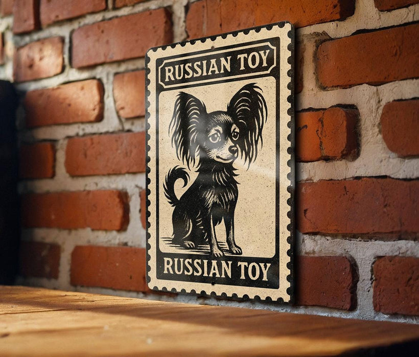 A metal sign with a black and white illustration of a dog, mounted on a brick wall.