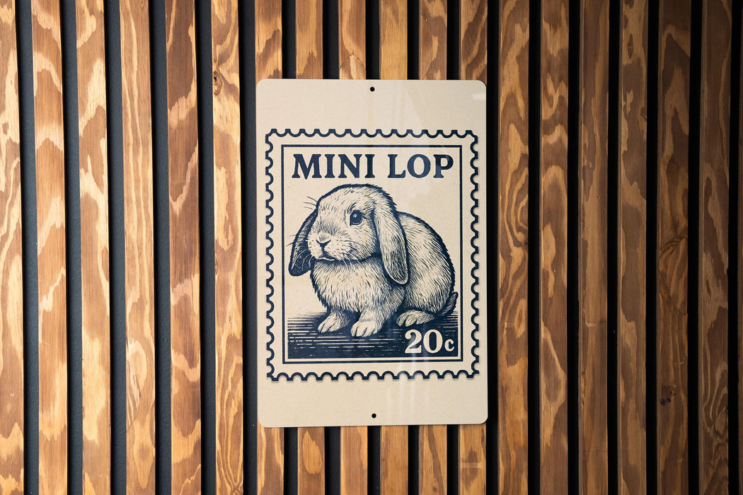 A metal sign with a rabbit illustration and the text "MINI LOP" printed on it, mounted on a wooden wall.