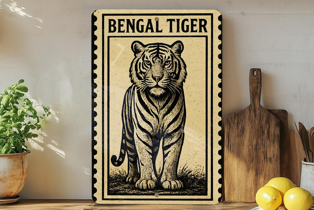 A framed illustration of a tiger is displayed on a shelf, surrounded by various kitchen utensils and a potted plant.