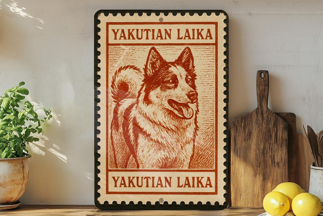 a framed poster of a dog, with the text "YAKUTIAN LAIKA" printed on it. The poster is displayed on a shelf next to a wooden cutting board and some kitchen utensils, such as a knife and a spoon.