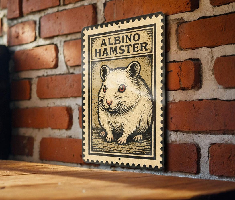 A metal sign featuring an illustration of a hamster is mounted on a brick wall.