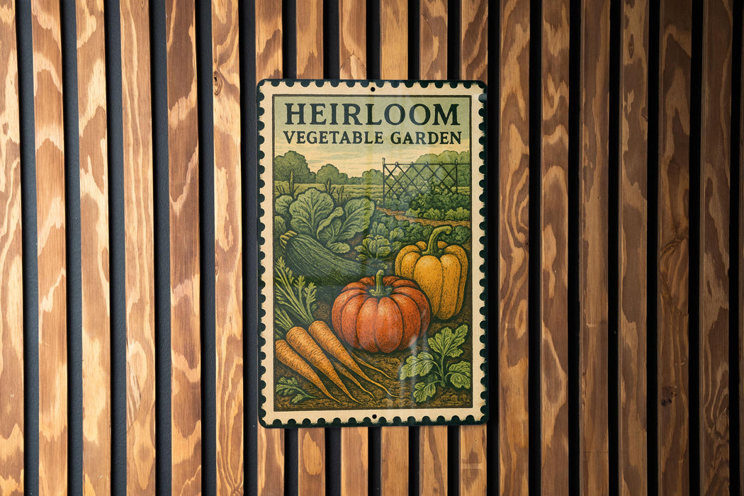 A vintage-style metal sign with the text "HEIRLOOM VEGETABLE GARDEN" displayed on a wooden wall.