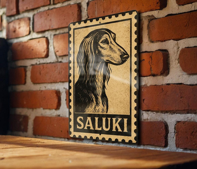 A metal sign featuring a stylized illustration of a dog's head, mounted on a brick wall.