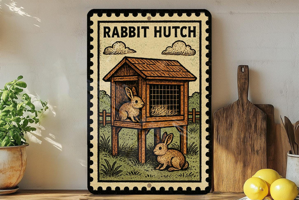 A framed illustration of a rabbit hutch with two rabbits inside, surrounded by a wooden fence and grass.