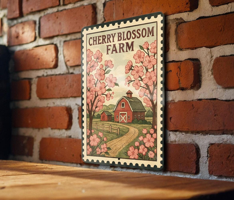 A vintage-style sign for Cherry Blossom Farm, featuring a red barn and a path leading to a cherry blossom tree, is displayed on a brick wall.