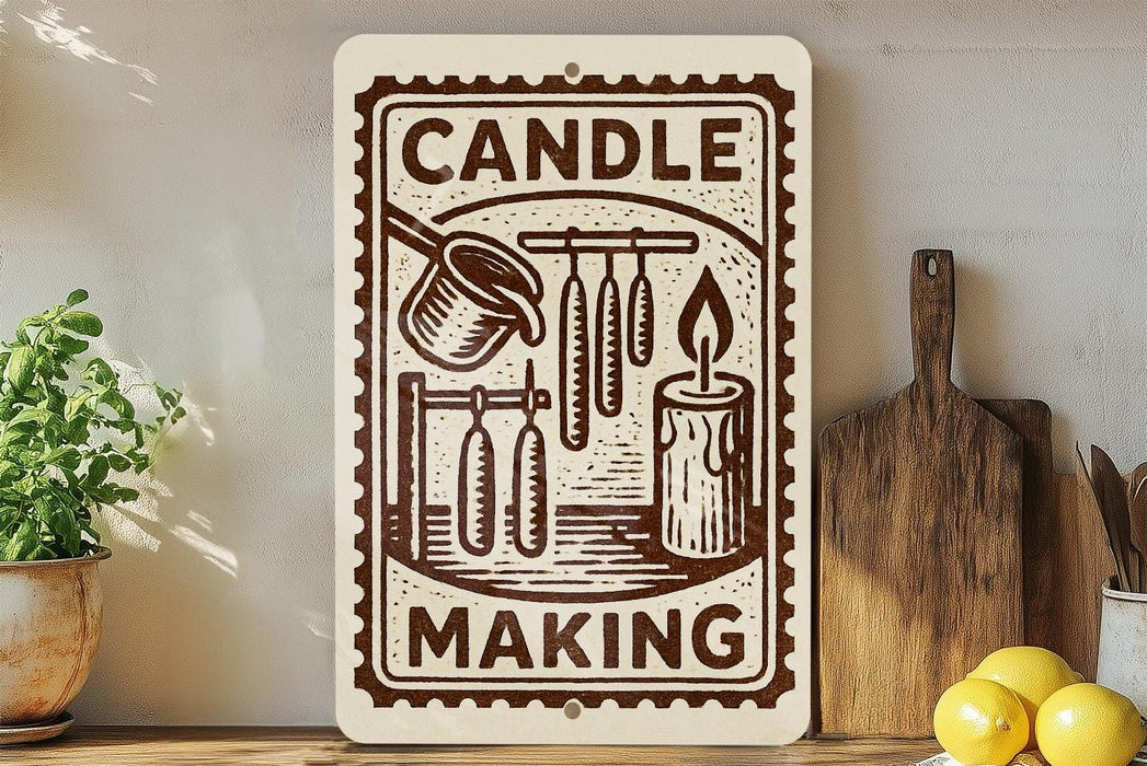 a wooden sign with the text "CANDLE MAKING" and illustrations of various candle-making tools and equipment.