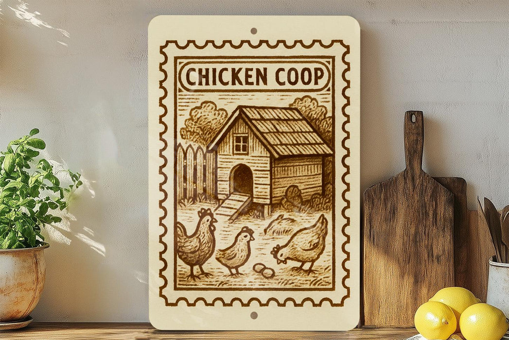 a wooden sign with a chicken coop illustration, placed on a shelf next to a wooden cutting board and some potted plants.