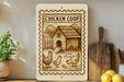 a wooden sign with a chicken coop illustration, placed on a shelf next to a wooden cutting board and some potted plants.
