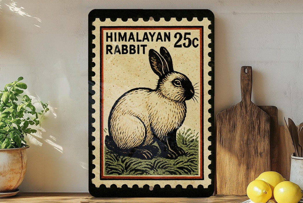 A framed image of a Himalayan rabbit on a shelf, with a wooden cutting board and a potted plant to the left.