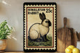 A framed image of a Himalayan rabbit on a shelf, with a wooden cutting board and a potted plant to the left.