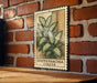 a vintage-style stamp or sign with a plant illustration, mounted on a brick wall.