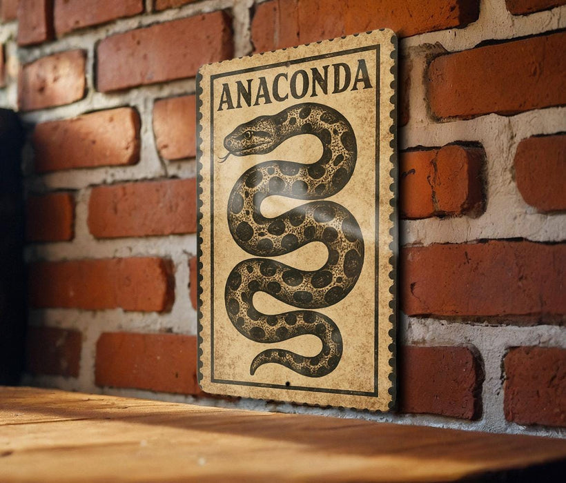 a wooden table with a decorative sign featuring a snake on it, mounted on a brick wall.