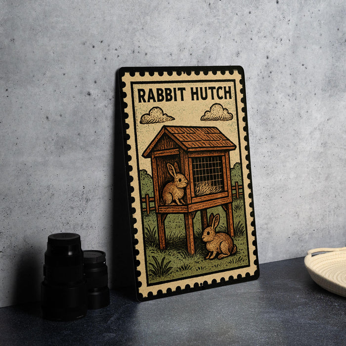 A metal sign with a rabbit hutch illustration on it, placed on a table next to some black camera lenses.