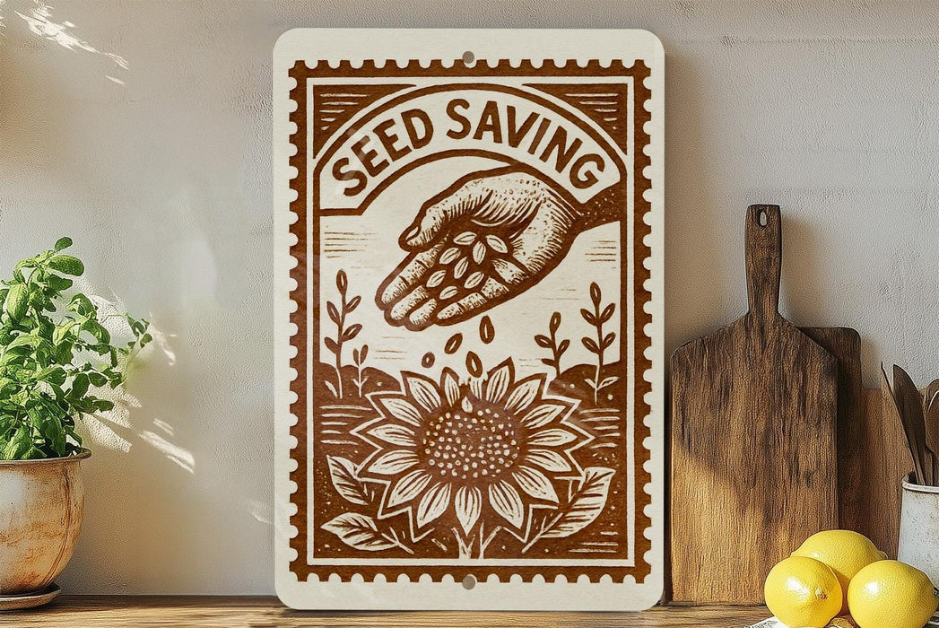 a wooden sign with a hand holding a bunch of seeds, surrounded by a sunflower and other plants, placed on a shelf next to a wooden cutting board and a potted plant.