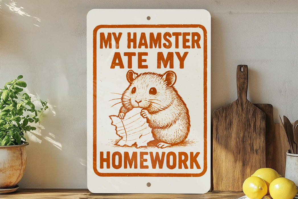 a humorous sign that reads "My hamster ate my homework" with an illustration of a hamster eating a piece of paper.