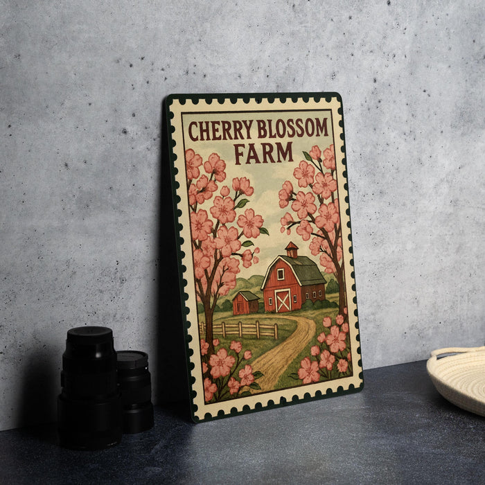 A framed illustration of Cherry Blossom Farm, featuring a red barn, pink cherry blossoms, and a path leading to the barn.