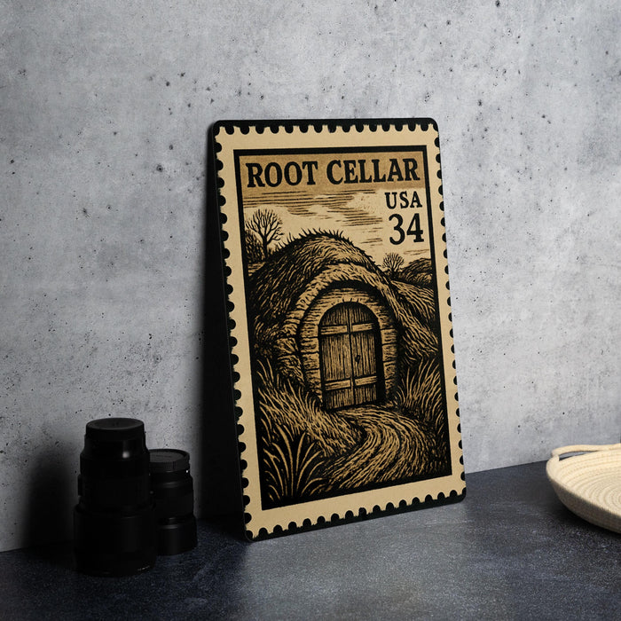 A metal stamp with a detailed illustration of a cave or underground passage, along with the text "ROOT CELLAR USA 34" printed on it.