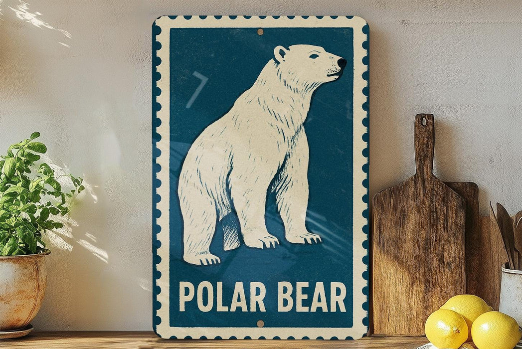 A vintage-style metal sign featuring a polar bear illustration is displayed on a wooden shelf, accompanied by a potted plant, a wooden cutting board, and some lemons.