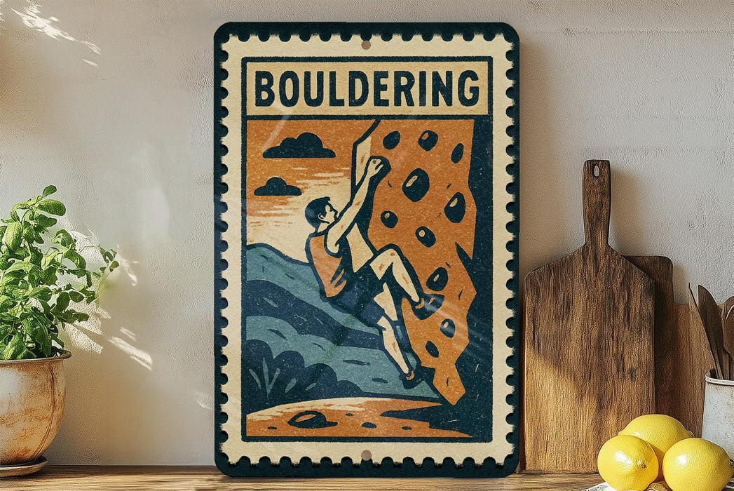 A vintage-style metal sign with a climbing figure and the word "Bouldering" on it, displayed on a shelf next to a wooden cutting board and some lemons.