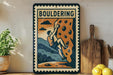 A vintage-style metal sign with a climbing figure and the word "Bouldering" on it, displayed on a shelf next to a wooden cutting board and some lemons.