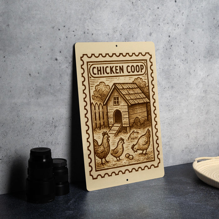 a wooden sign with a chicken coop illustration, placed on a table next to some black containers.
