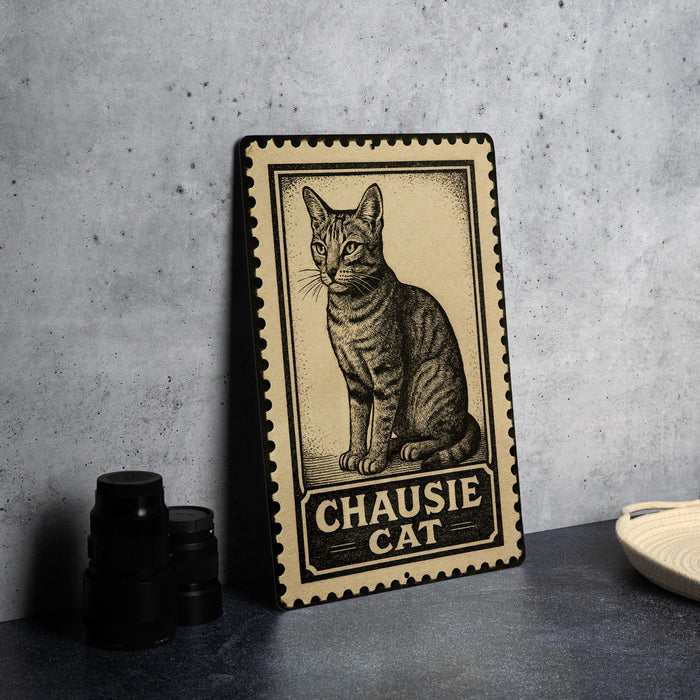 A metal sign featuring a cat illustration and the text "CHAUSIE CAT" is displayed on a table.