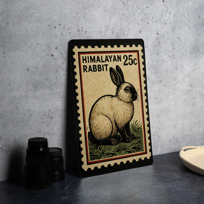 A metal sign with a rabbit illustration and text, placed on a table next to some black camera lenses.