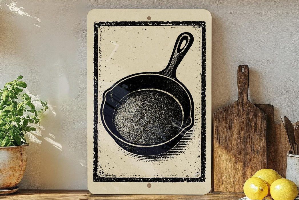 a kitchen scene with a frying pan, wooden cutting board, and potted plant.