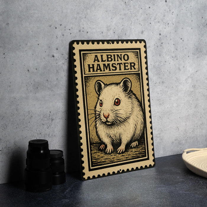 A metal sign with a hamster illustration on it, placed on a table next to some black camera lenses.
