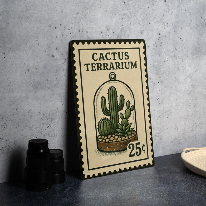 A Cactus Terrarium stamp is displayed on a table, featuring a glass terrarium with a cactus plant inside.