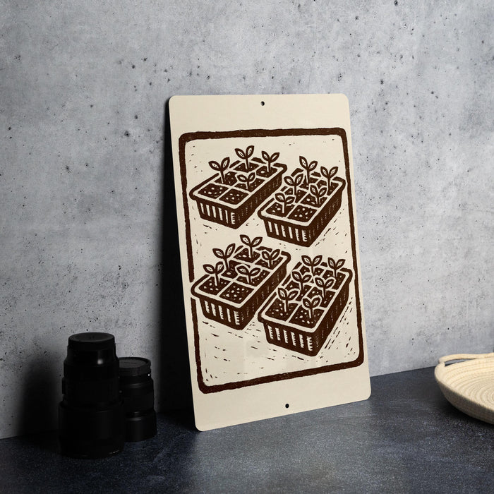 a metal sign with a graphic design of four identical plant pots, each containing a plant.