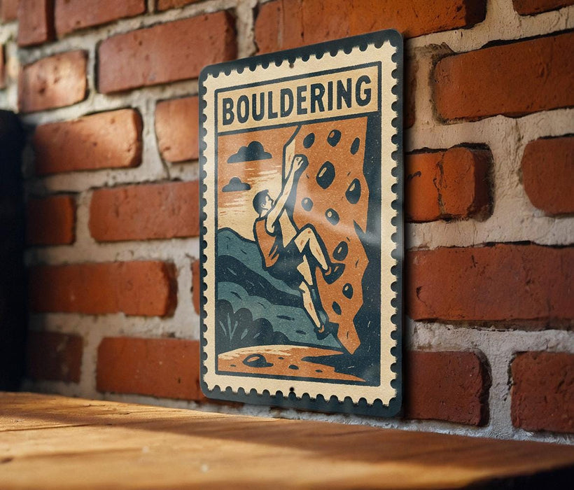 A vintage-style metal sign with the word "BOULDERING" printed on it, mounted on a brick wall.