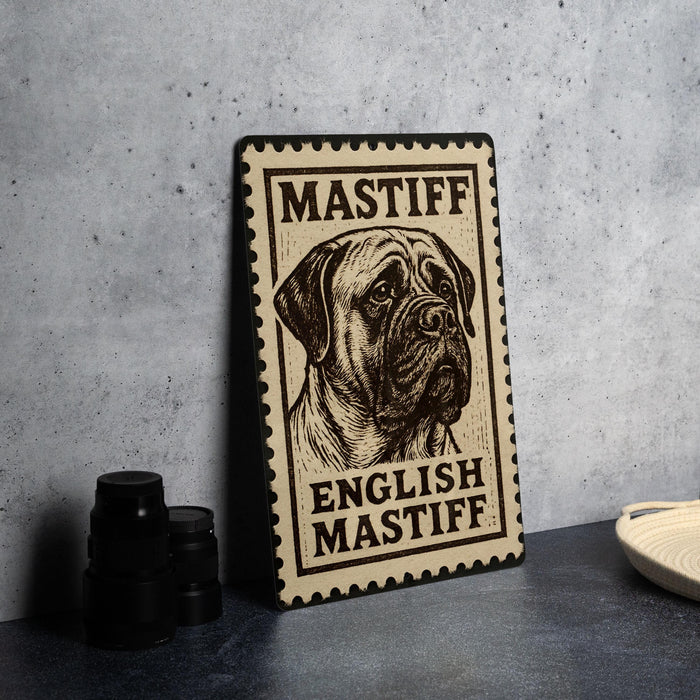 A metal sign with a stamp-like design featuring a mastiff dog, placed on a countertop next to some black camera lenses.
