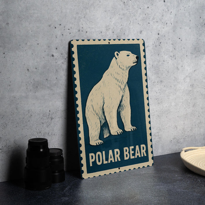 A metal sign featuring a polar bear illustration is displayed on a table.