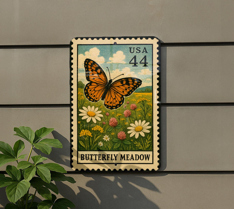 A metal sign with a butterfly and flowers, mounted on a wall, depicting a postage stamp.