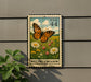 A metal sign with a butterfly and flowers, mounted on a wall, depicting a postage stamp.