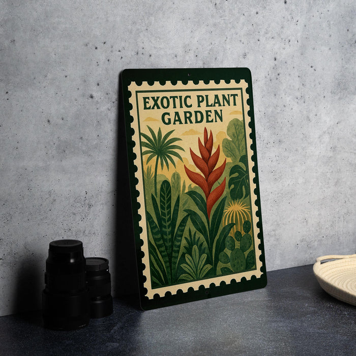 a poster or sign with a tropical plant design, placed on a table next to some black containers.