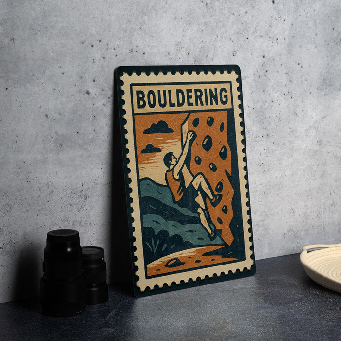 A framed poster of a person climbing a rock wall, with the word "BOULDERING" prominently displayed.