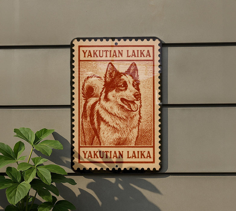 a sign with a picture of a dog, which appears to be a postage stamp or a decorative piece.