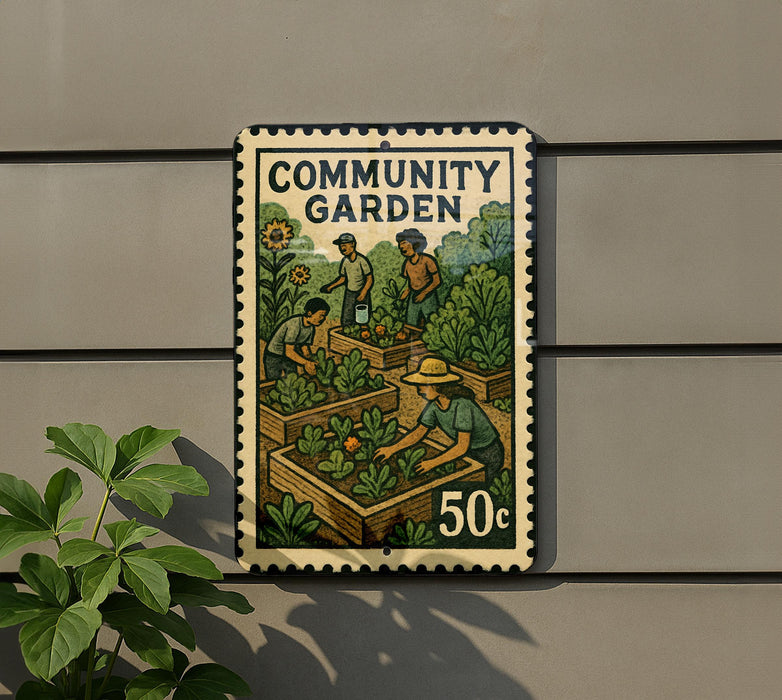 A metal sign with a stamp-like design, depicting people working in a community garden.