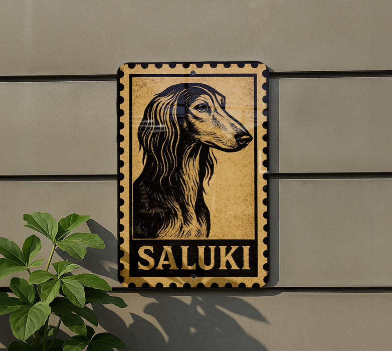 a sign with a stylized illustration of a dog's head, mounted on a wall.