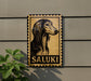 a sign with a stylized illustration of a dog's head, mounted on a wall.