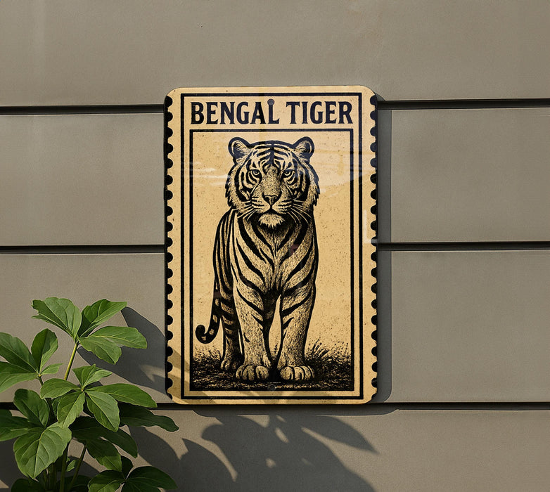 a tiger standing on a grassy area, with a stamp-like border around it.