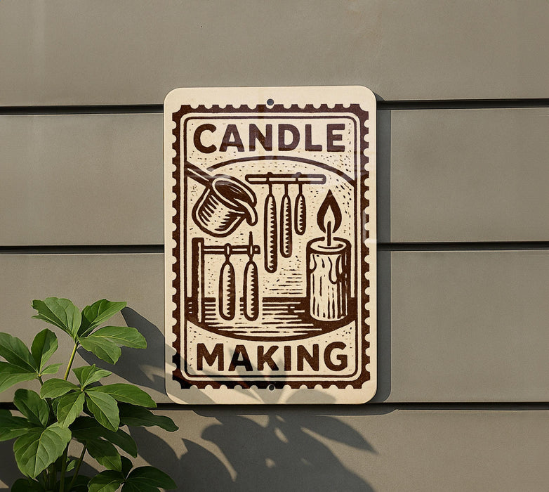 a sign that reads "CANDLE MAKING" with various candle-making illustrations on it, including a candle, wick, and other candle-making tools.