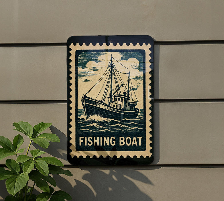 a sign that reads "Fishing Boat" with a depiction of a fishing boat on the sign.