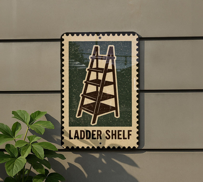 A sign with a ladder image is mounted on a wall, indicating a "Ladder Shelf" for storage or access.