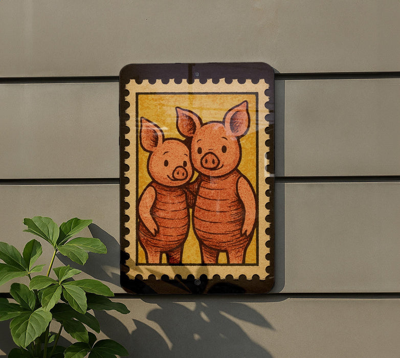 a wall with a framed illustration of two cartoon pigs, which appears to be a decorative piece.