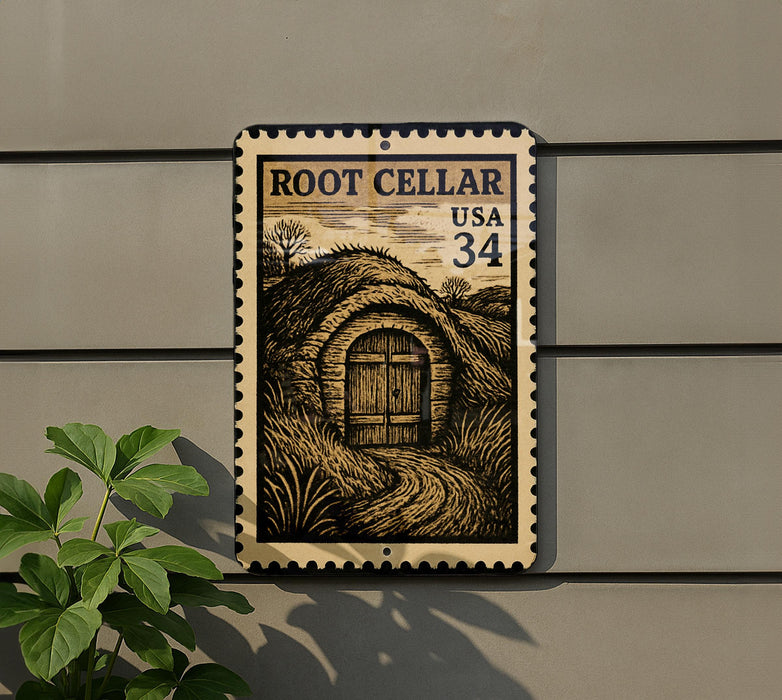 A metal sign with a vintage-style illustration of a cellar door, mounted on a wall.